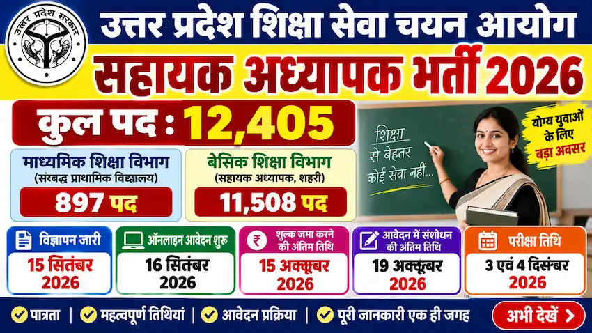 यूपी सहायक अध्यापक भर्ती 2026 का विज्ञापन, 12,405 पदों पर भर्ती